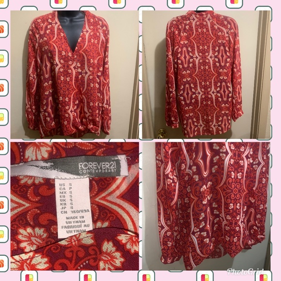 Forever 21 BLOUSE TOP LONG SLEEVE RED PAISLEY SZ S - Picture 1 of 8